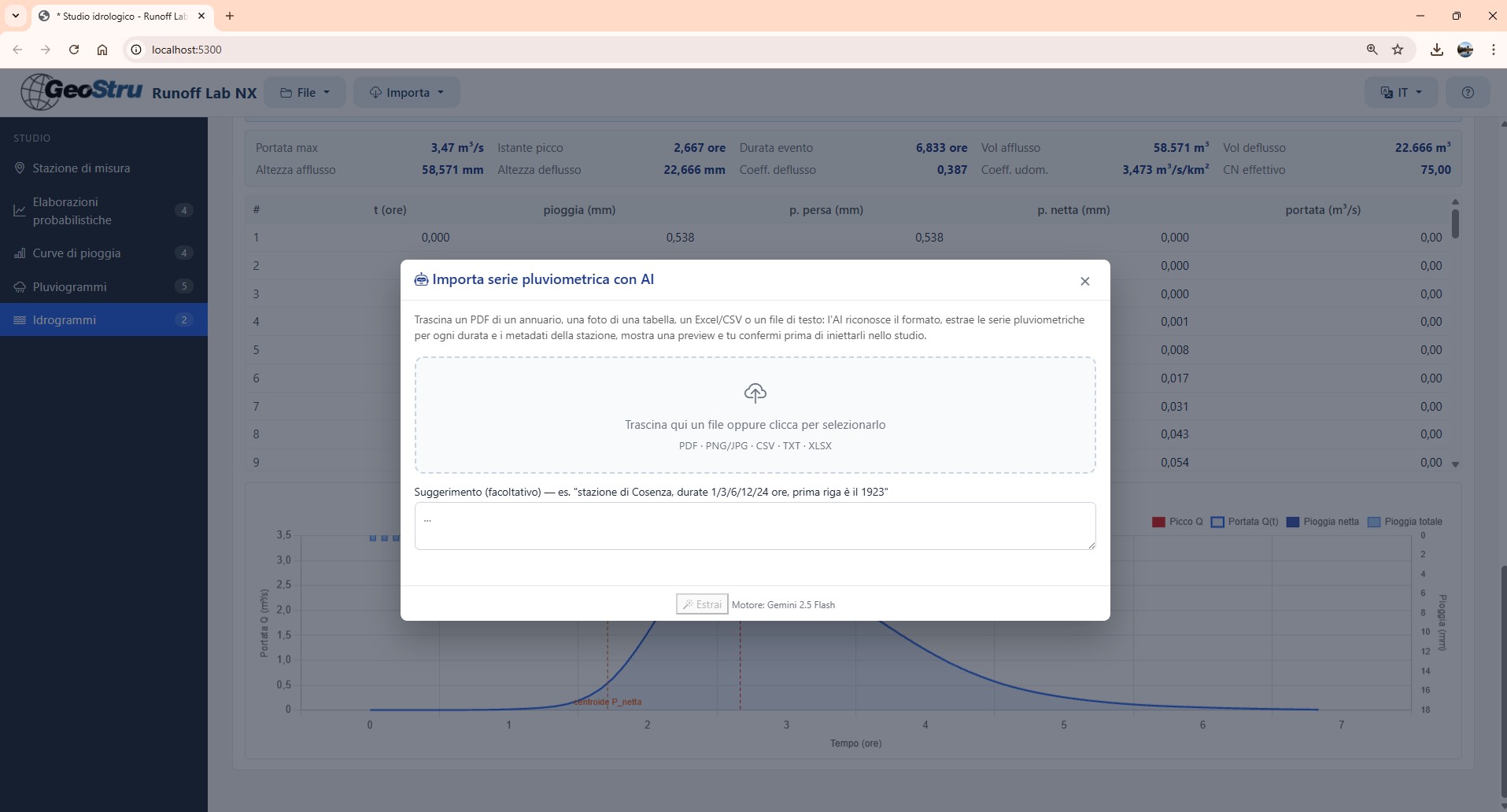 Runoff Lab NX AI Import dropzone for PDFs, images, Excel or CSV files automatically recognised