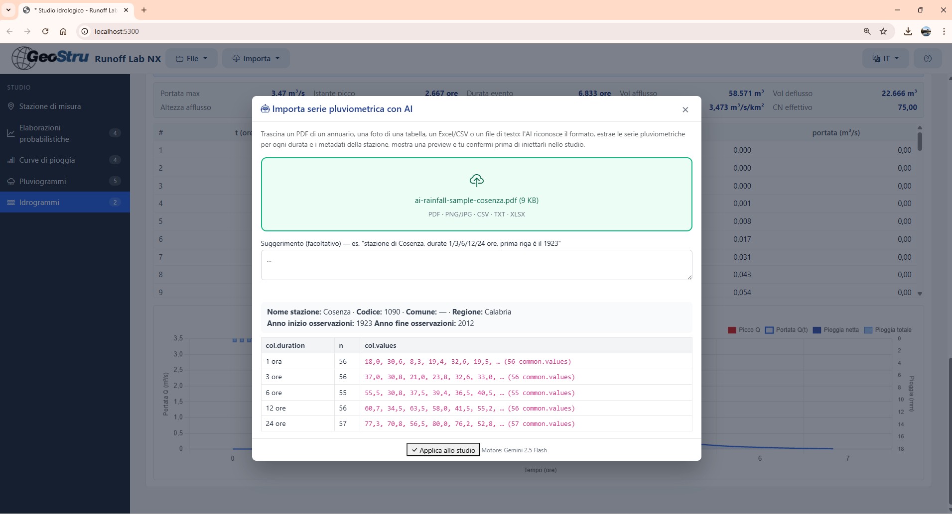 AI Import tabular preview after recognition of a hydrological yearbook PDF, with extracted data ready to import
